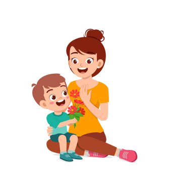 Küçük çocuk annesine bir çiçek verdi.