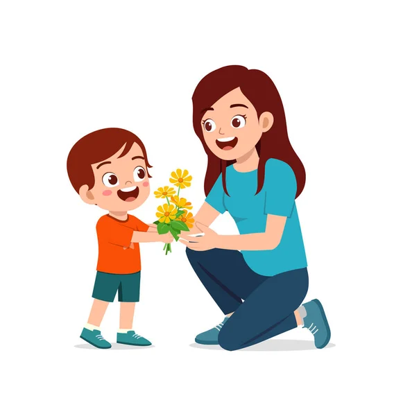 Little Kid Give Flower Mother — Stock Vector