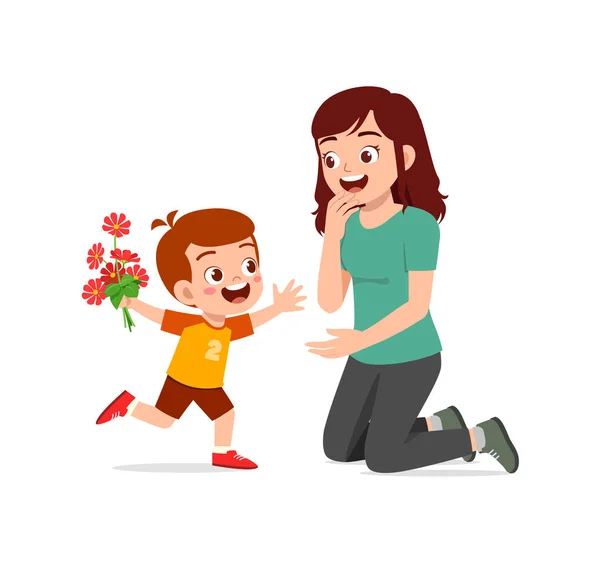 Pequeño Niño Dar Una Flor Madre — Vector de stock