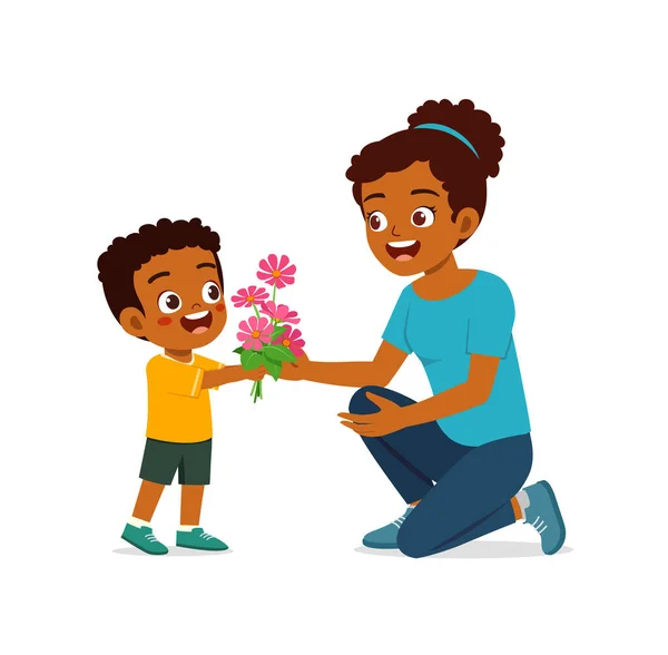 Pequena Criança Dar Uma Flor Mãe — Vetor de Stock
