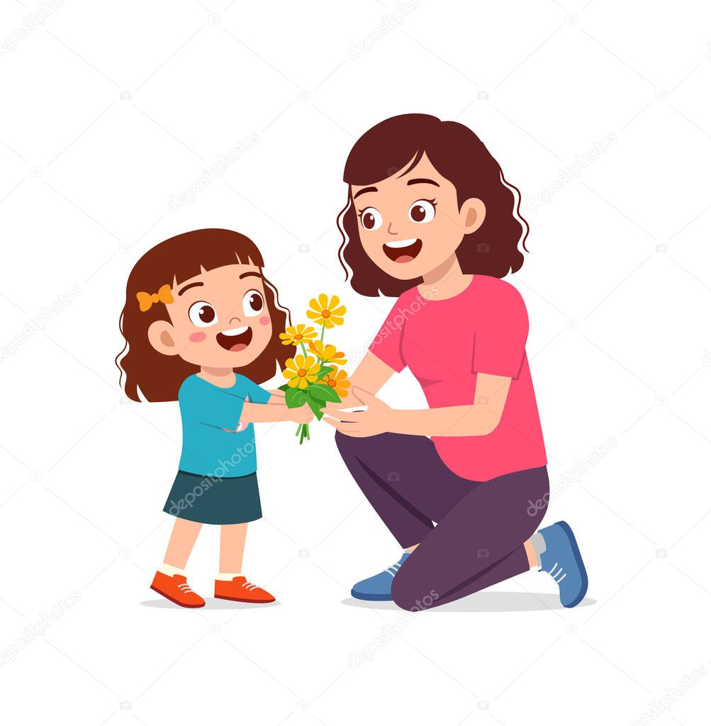 little kid give a flower to mother