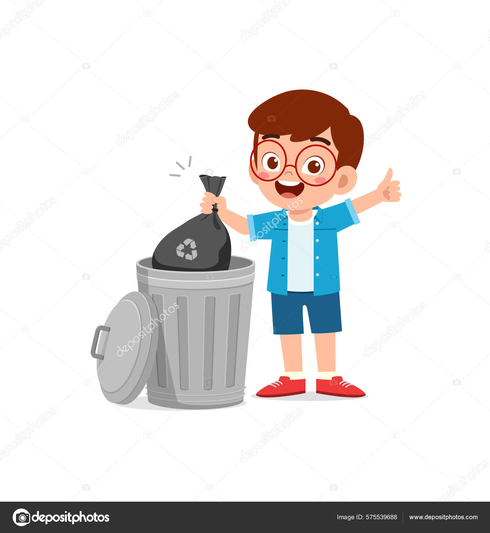 Image vectorielle Petit Enfant Jeter Des Ordures Poubelle par