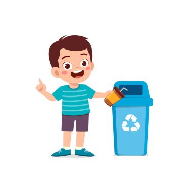 Küçük çocuk çöp kutusuna çöp atıyor.