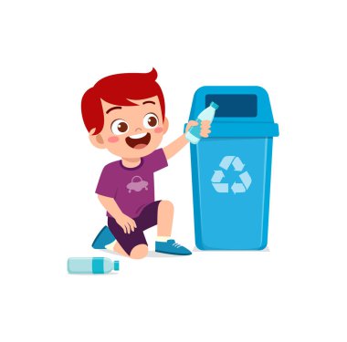 Küçük çocuk çöp kutusuna çöp atıyor.