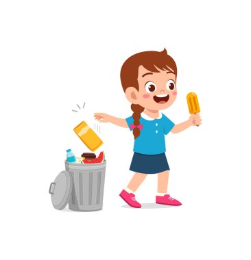 Küçük çocuk çöp kutusuna çöp atıyor.