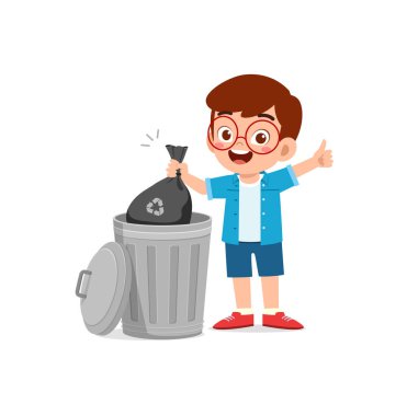 Küçük çocuk çöp kutusuna çöp atıyor.