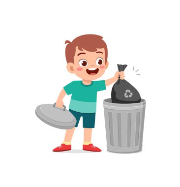 Küçük çocuk çöp kutusuna çöp atıyor.