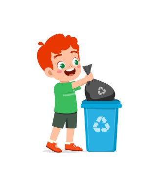 Küçük çocuk çöp kutusuna çöp atıyor.