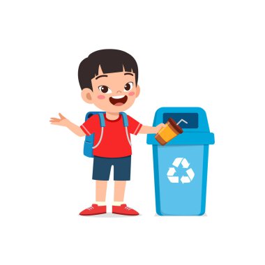 Küçük çocuk çöp kutusuna çöp atıyor.