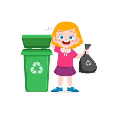 Küçük çocuk çöp kutusuna çöp atıyor.