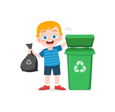 Küçük çocuk çöp kutusuna çöp atıyor.