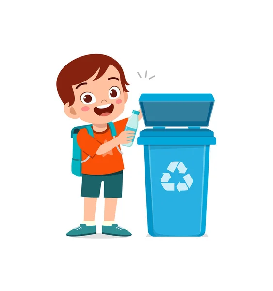Kleines Kind Wirft Müll Mülleimer — Stockvektor