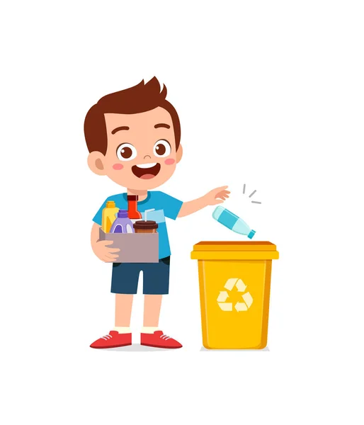 Kleines Kind Wirft Müll Mülleimer — Stockvektor