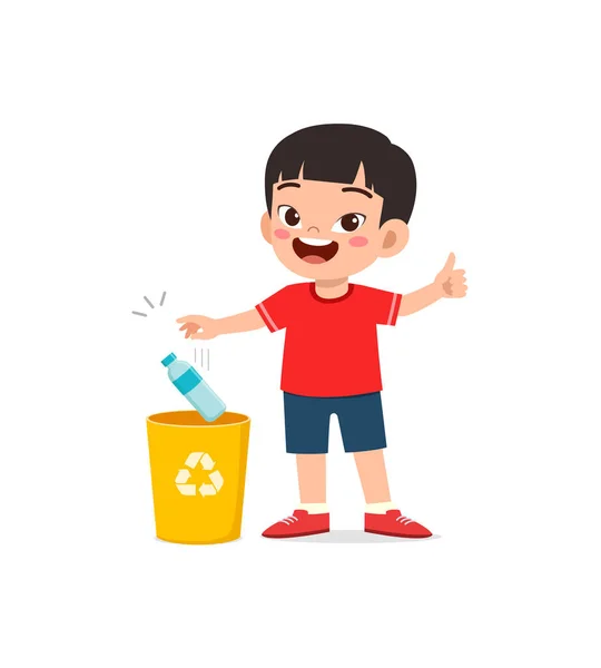 Niño Pequeño Tirar Basura Papelera — Vector de stock