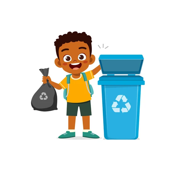 Niño Pequeño Tirar Basura Papelera — Vector de stock