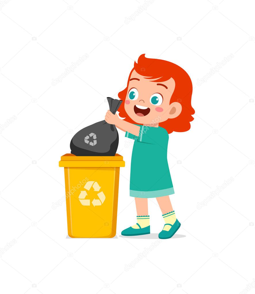 little kid throw trash to trash bin