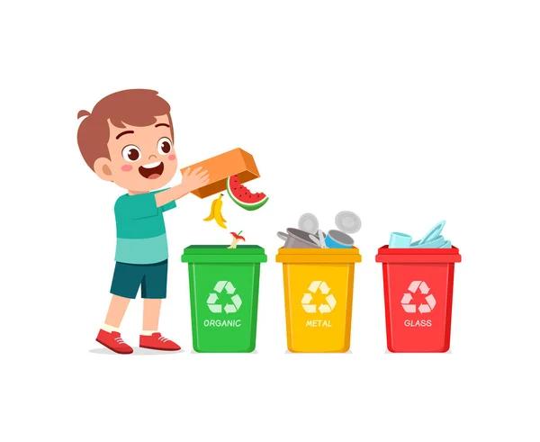 Μικρό Παιδί Ρίξει Οργανικά Απόβλητα Για Ανακυκλώσει Κάδο — Διανυσματικό Αρχείο