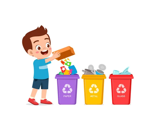 Küçük Çocuk Çöp Tenekesini Geri Dönüştürmek Için Kağıt Atıyordu — Stok Vektör