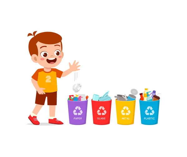 小さな子供が紙の廃棄物を投げビンをリサイクルし — ストックベクタ