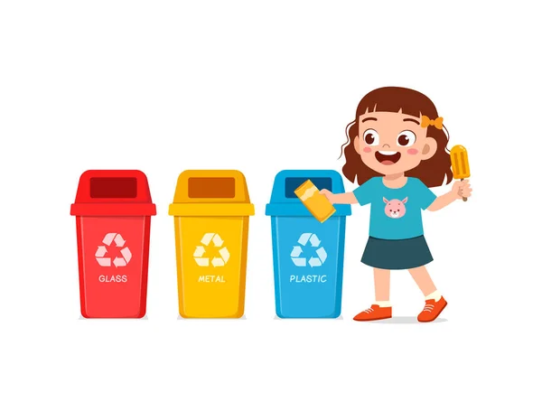 Niño Pequeño Tirar Residuos Plástico Papelera Reciclaje — Vector de stock