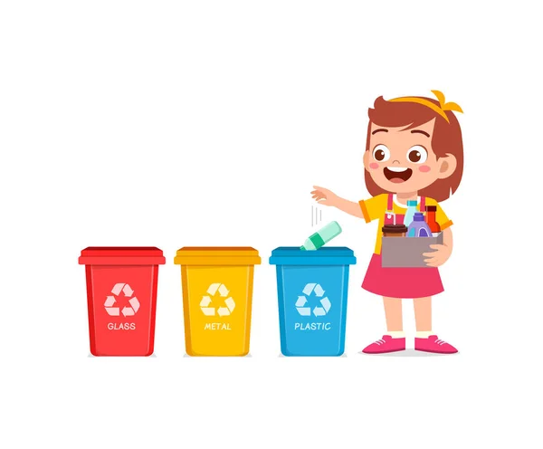 Criança Jogar Resíduos Plástico Para Reciclar Bin — Vetor de Stock