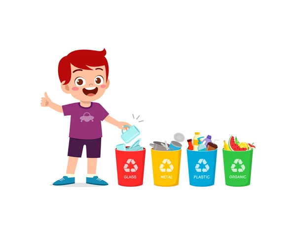 Niño Pequeño Tirar Residuos Vidrio Papelera Reciclaje — Vector de stock