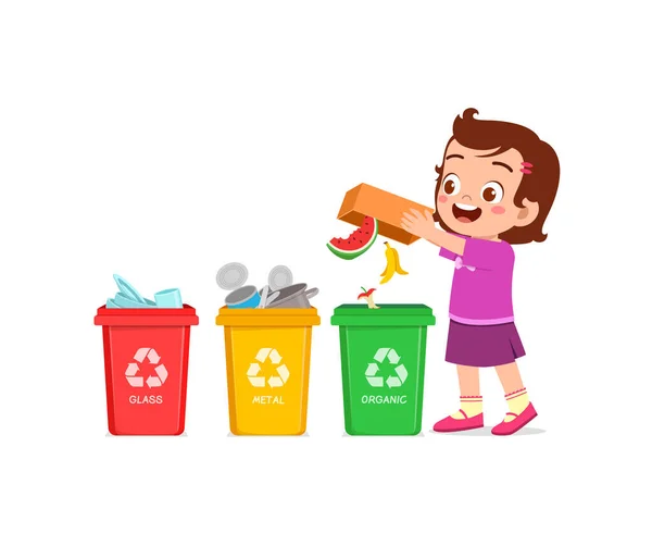 Niño Pequeño Tirar Residuos Orgánicos Papelera Reciclaje — Vector de stock