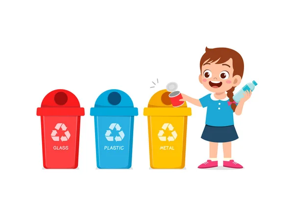 Μικρό Παιδί Ρίξει Μεταλλικά Απόβλητα Για Ανακυκλώσει Κάδο — Διανυσματικό Αρχείο