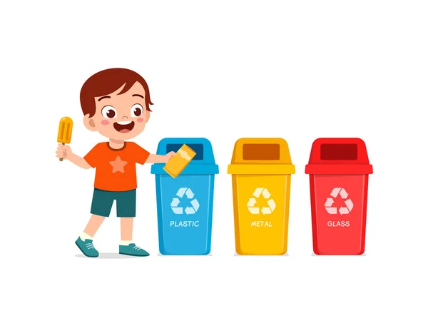 Niño Pequeño Tirar Residuos Plástico Papelera Reciclaje — Vector de stock