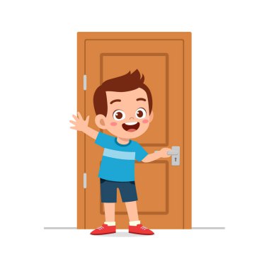 Küçük çocuk ayakta ve kapı tokmağını tutuyor.