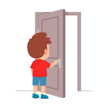 Küçük çocuk ayakta ve kapı tokmağını tutuyor.