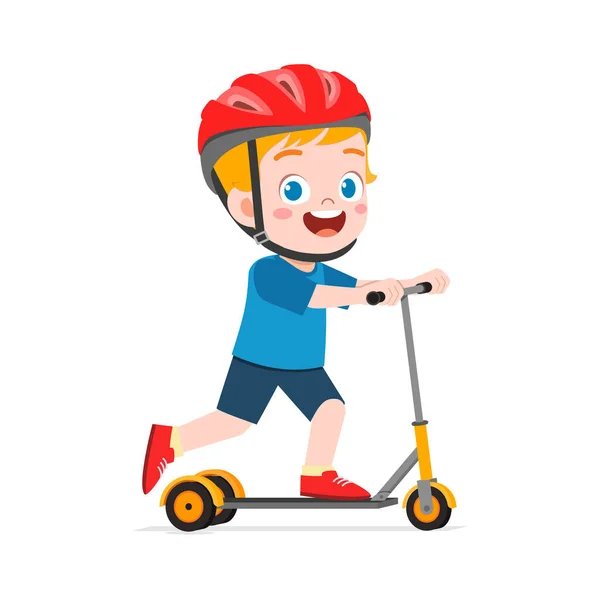 Klein Kind Rijden Scooter Draag Helm — Stockvector