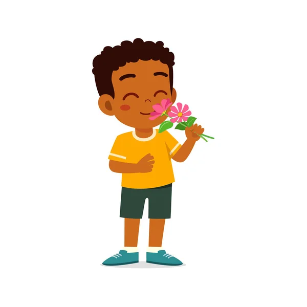 Niño Pequeño Sosteniendo Flor Con Buen Olor — Vector de stock