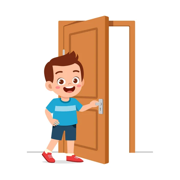 Little Kid Standing Holding Door Knob — Stock vektor