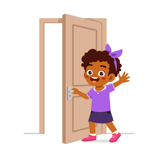 Little Kid Standing Holding Door Knob — Stock vektor