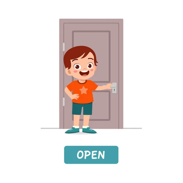 Niño Pequeño Pie Sosteniendo Perilla Puerta — Vector de stock