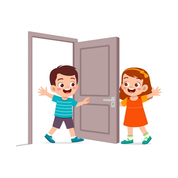 Petit Enfant Ouvre Porte Pour Ami — Image vectorielle