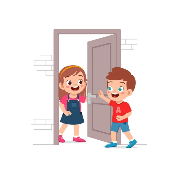 Petit Enfant Ouvre Porte Pour Ami — Image vectorielle