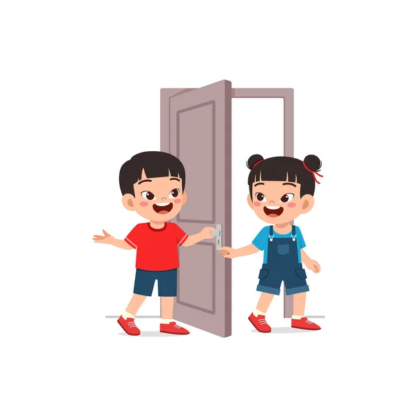 Niñito Abre Puerta Para Amigo — Vector de stock