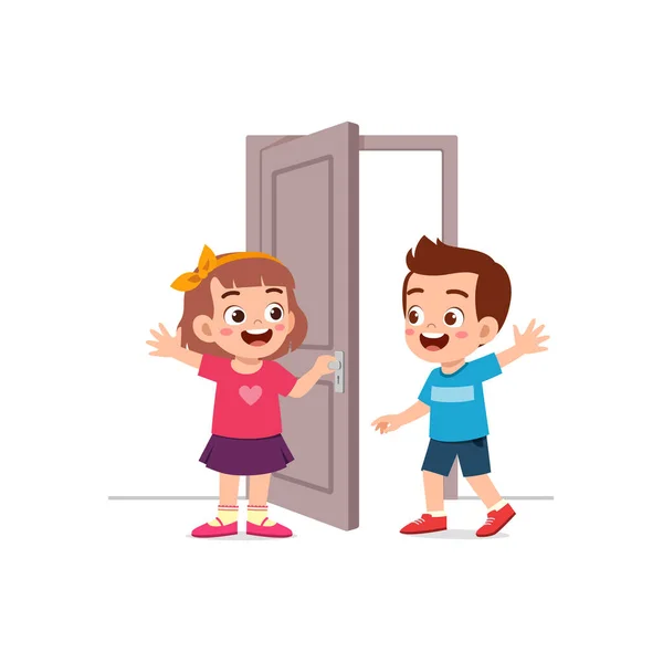 Niñito Abre Puerta Para Amigo — Vector de stock