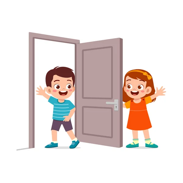 Mały Dzieciak Otwórz Drzwi Dla Przyjaciela — Wektor stockowy