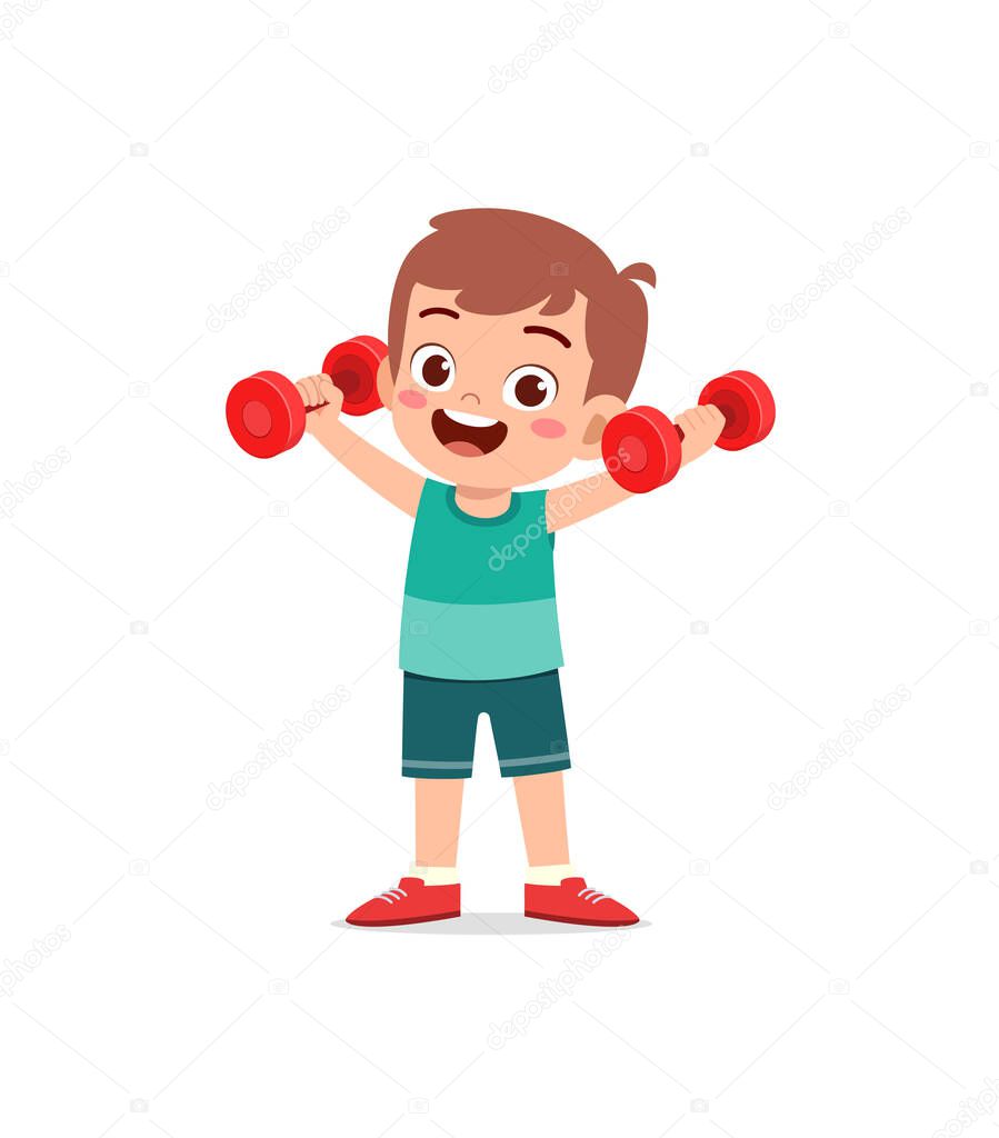 little kid do workout with lift dumbbell