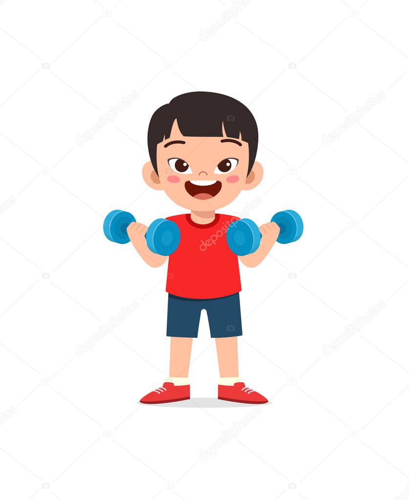 little kid do workout with lift dumbbell