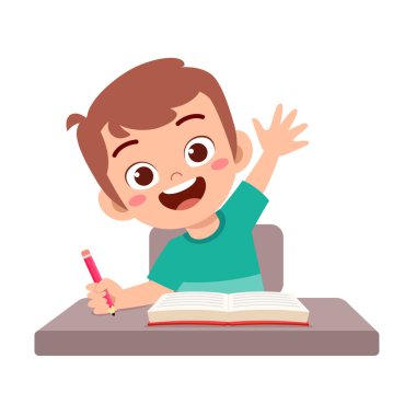 Küçük çocuk soruyu cevaplamak için elini kaldır.