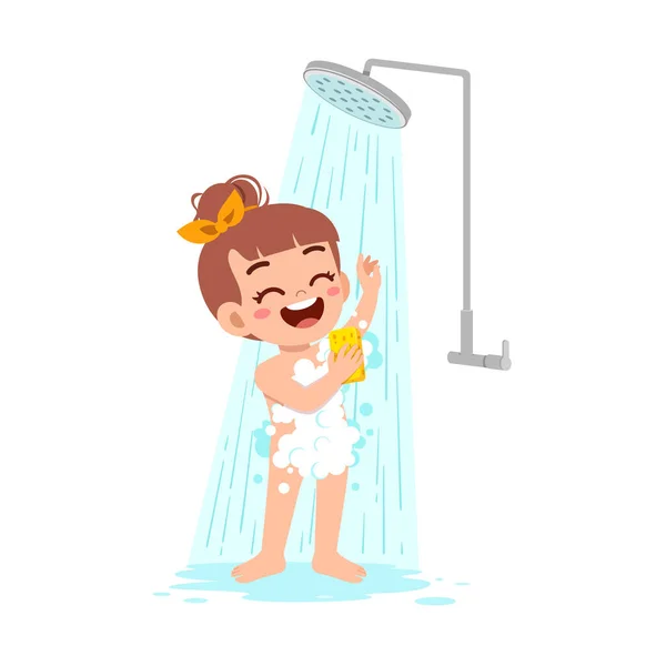 Little Kid Take Shower Wash Body — Stock Vector