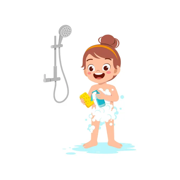 Little Kid Take Shower Wash Body — 图库矢量图片