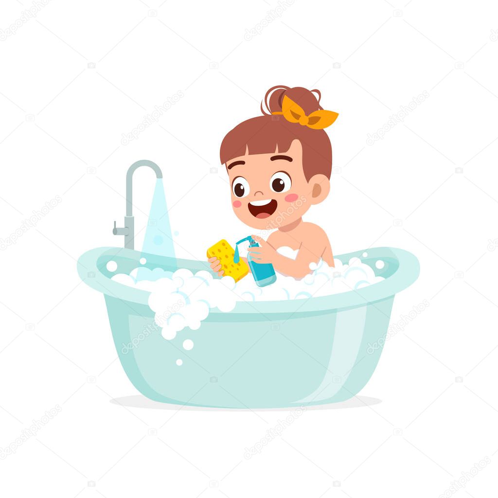 little kid take a bath in the bathtub