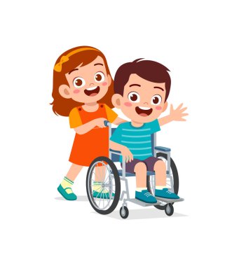 little kid sit on wheelchair with friend and feel happy
