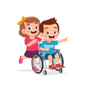 little kid sit on wheelchair with friend and feel happy