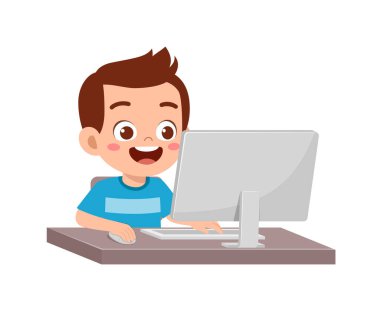 cute little kid use computer to study internet